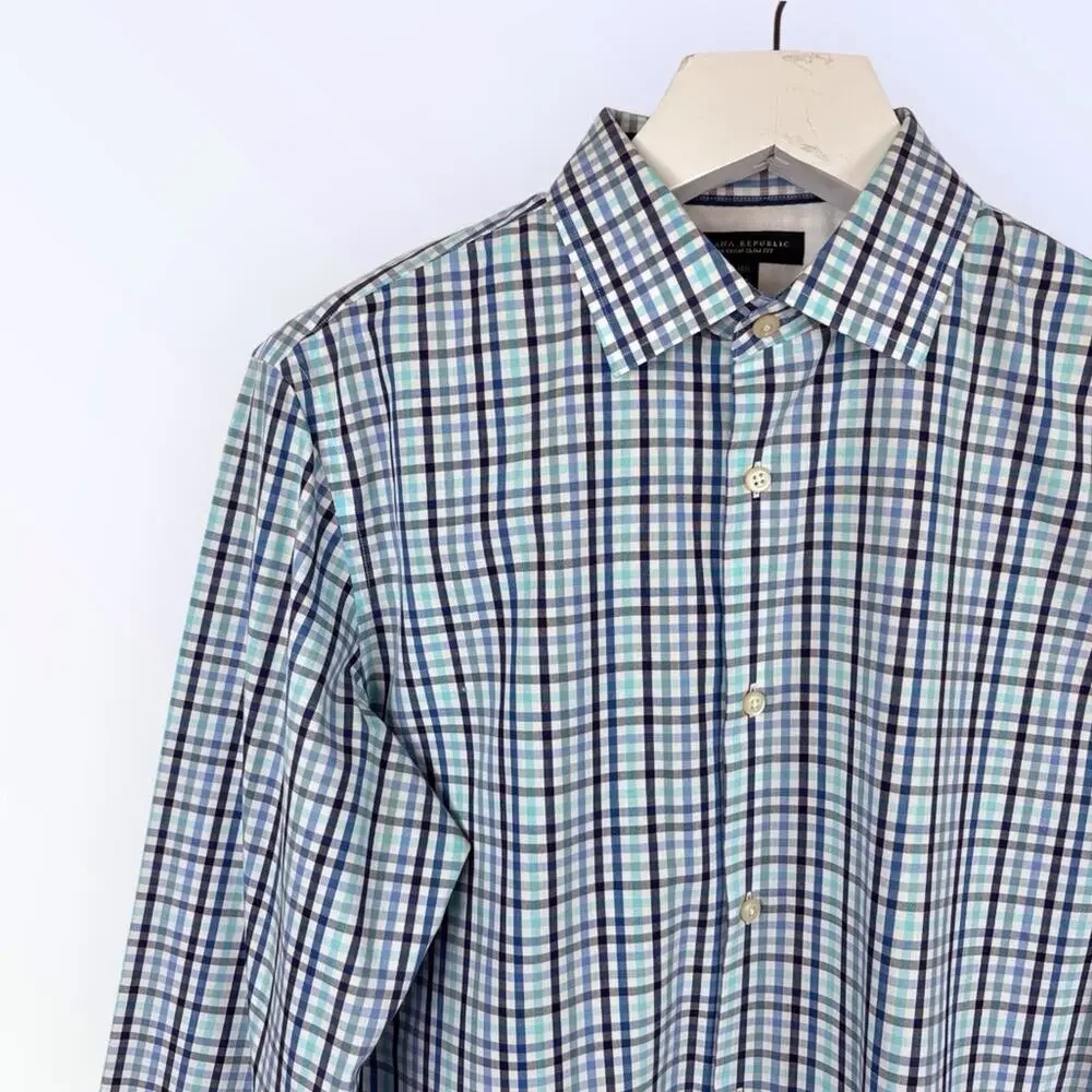 Banana Republic Blue & White Plaid Shirt Cotton Non Iron Slim Fit 16 -16 1/2